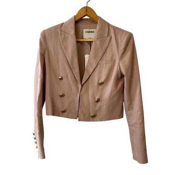 L’Agence Inez Cropped Linen Blend Blazer Pink Gold Shimmer Size 2 NWT - Picture 2 of 13